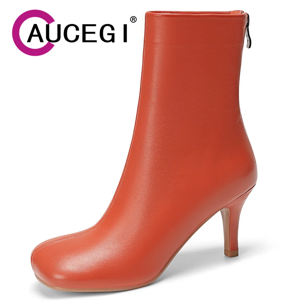 Aucegi Elegant Women Classic Style Genuine Leather Ankle Boots Office Thin High Heels Back Zipper Square Toe Vintage Party Shoes