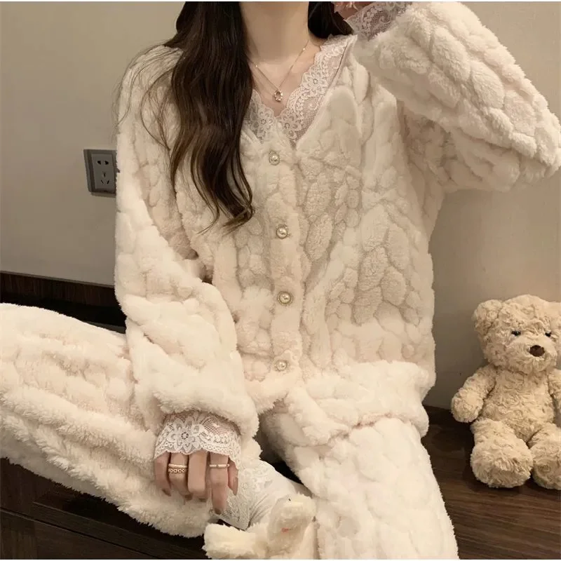 Lace Splicing Pajamas For Women Autumn And Winter Flannel Coral Fleece Thicke Warm Home Clothing Set Outwear 2-Piece Set Girl