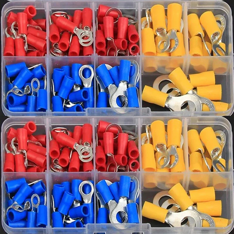 128Pcs Insulated Ring Terminal Cord Pin End Butt Terminals Crimp Connector Kit Ring Cable Wire Connectors RV1.25 RV2 RV5.5