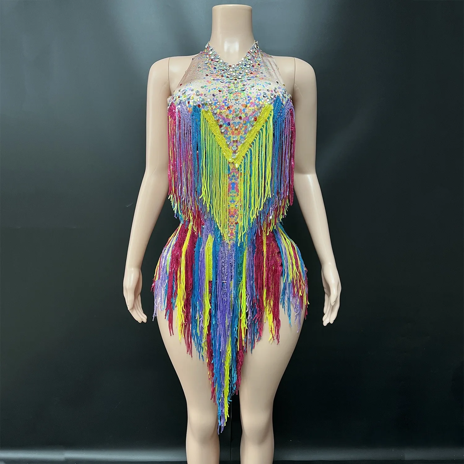 

Women Print Beading Rainbow Tassel Spandex Bodysuits Special Occassion Dress Latin Dance Dresses Competition Gogo Dance Costumes