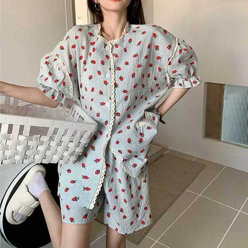 Strawberry Women Pajamas Sets for Home Summer Ruffles Sleepwear Shorts Sleeve Lace 2 Pieces Night Wears Korean Home Suit 2024