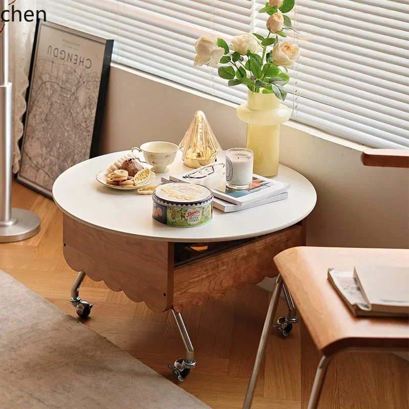H5.26 solid wood rock slab lifting coffee  tea table multi-functional sofa edge table mobile round