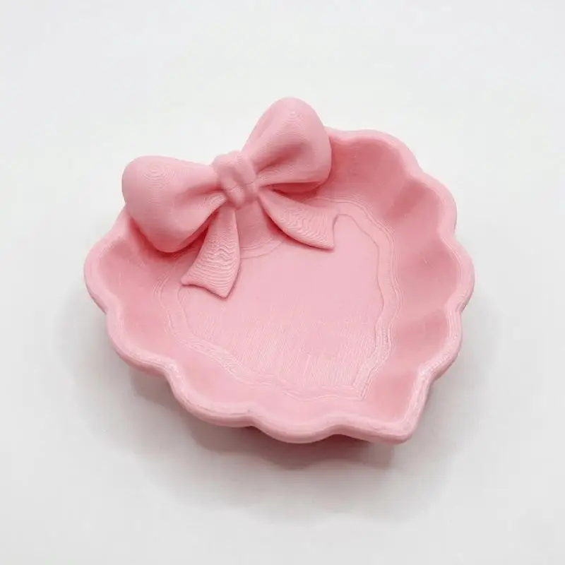 1pc Heart-Shaped 3D Printed Jewelry Tray With Pink Bow, Elegant Decor For Table, Sink & Office Desk, Perfect For Jewelry Storage