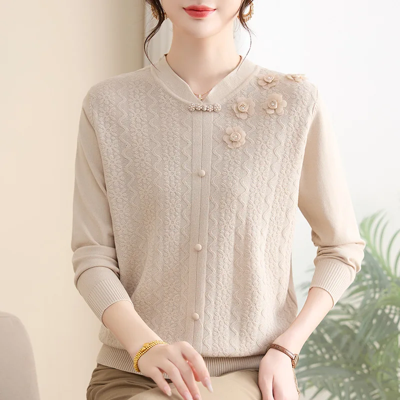Woman Clothing New V Neck Long Sleeve Tops Spring Autumn Pullover Sweater Elegant Buttons Knitwear Blouse Mother Pull Jumper