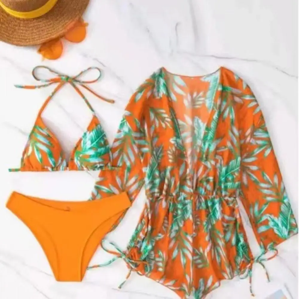 3 Pieces Set Bikini Sets Halter Neck Strap Drawstring Side Long Sleeve Bathing Suit Flower Print Women's Bathing Set Girl