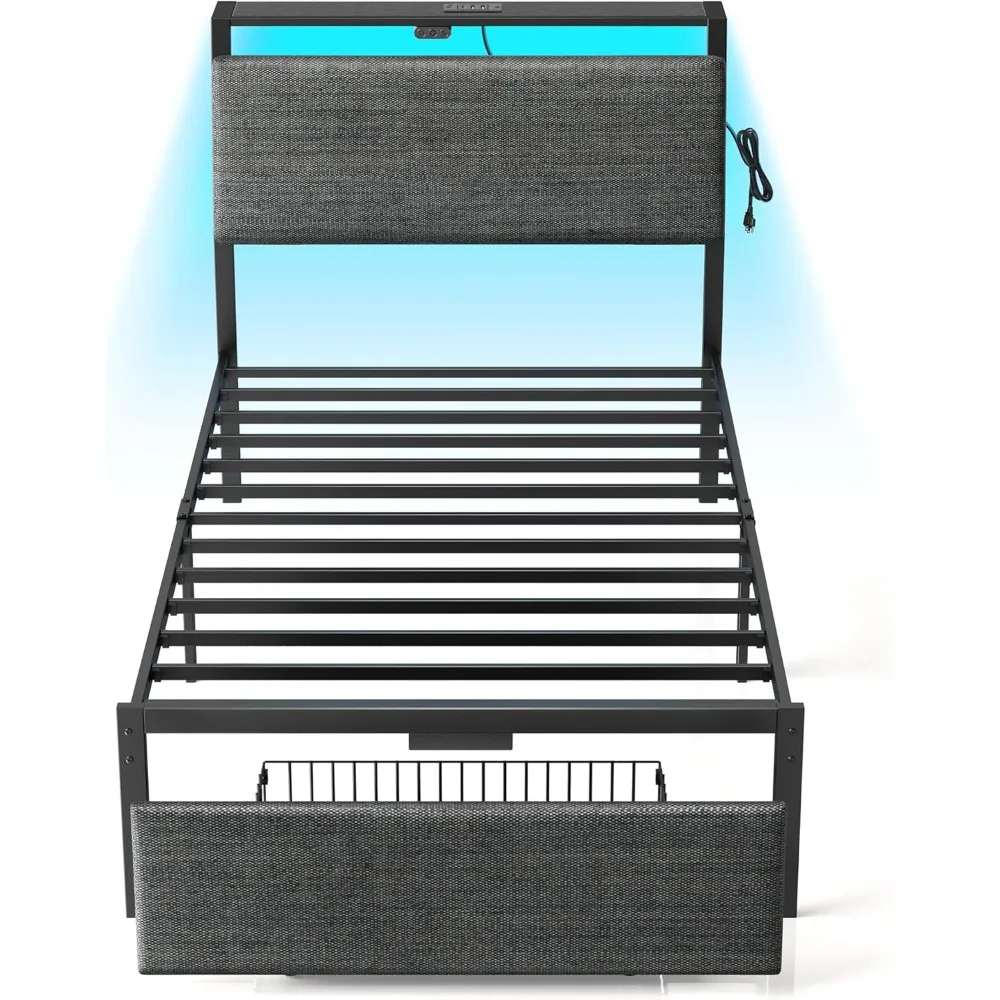 

Rolanstar Twin Bed Frame with Ergonomic Headboard Storage & Charging Station, Upholstered Platform Bed with LED Light & Drawer,