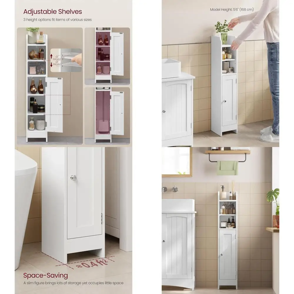 

Narrow Storage Cabinet with Door, 7.9 x 7.1 x 36.2 Inches, Adjustable Shelves, Ideal for Toilet Paper and Small Spaces, Cloud Wh