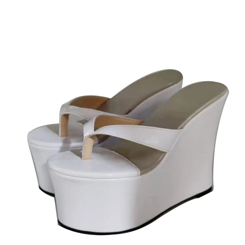 DIZHUANG Fashionable women's high-heeled slippers. Flip flops. About 12cm heel height White patent leather slippers Summer shoes