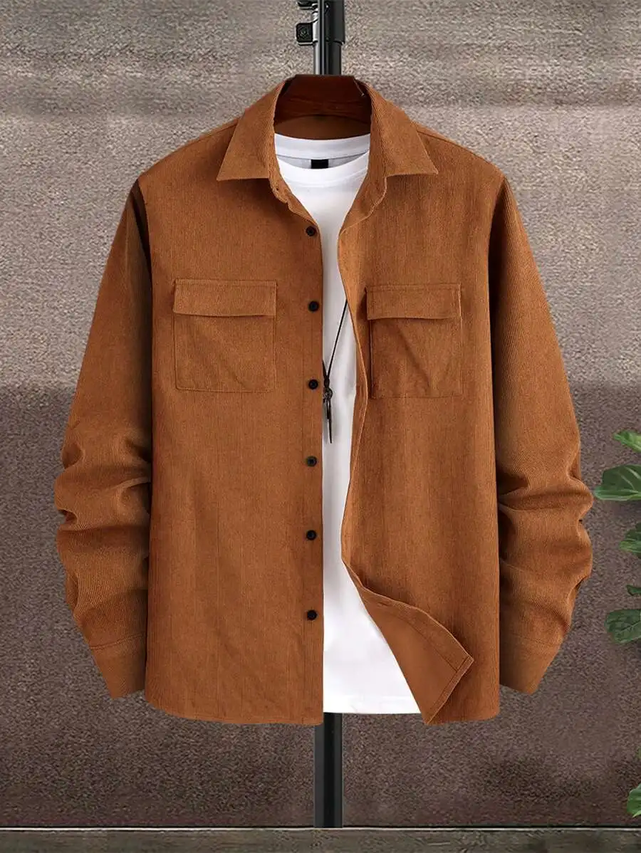 

Men's Corduroy Button-Front Long Sleeve Casual Shirt with Two Chest Pockets