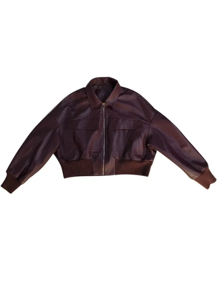 مكتب أنثى بلون التلبيب سترة جلدية حقيقية فضفاضة طويلة الأكمام جيب جلد الغنم مرونة الخصر ملابس خارجية عالية الجودة