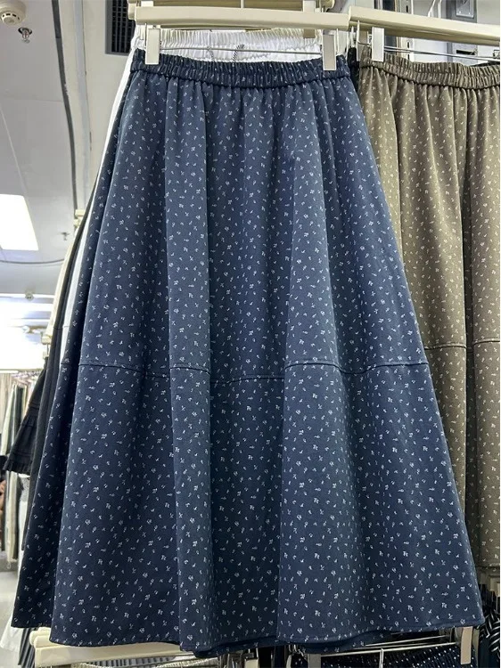 Korean Sle Floral Print Loose Waist f Skirt Women's Early Autumn New Loose Slim A-Line Skirt Casual Cotton Blend
