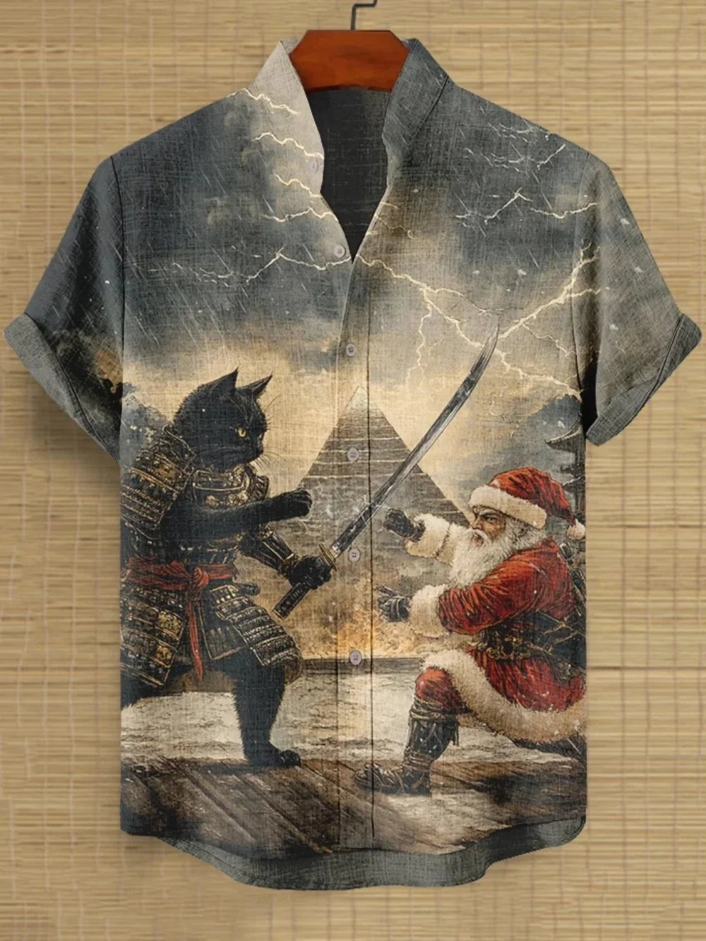 Мужская рубашка с коротким рукавом в стиле ретро в японском стиле с художественным принтом Самурайский дизайн с черным котом, повседневный кардиган с воротником-стойкой