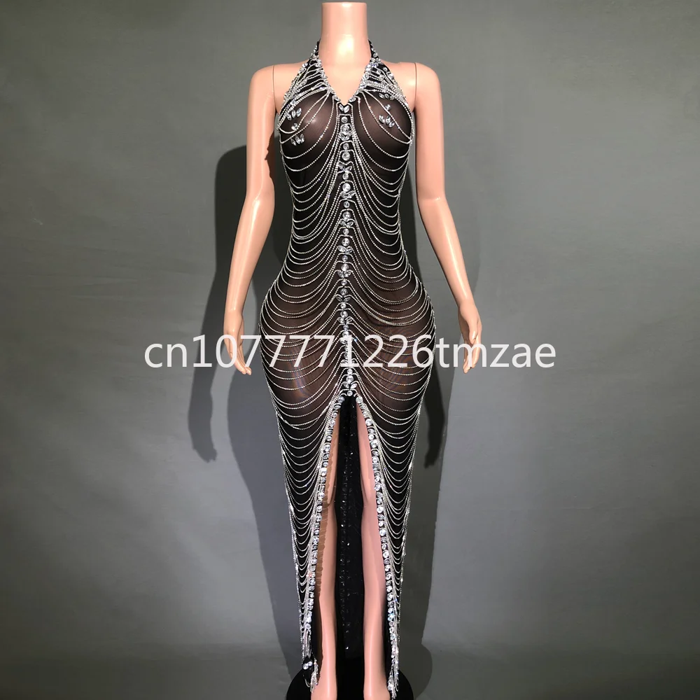 Sexy Evening Celebration Ball Gown Photo Shoot Dress Luxurious Rhinestone Chain Transparent V-neck Backless Maxi Dress