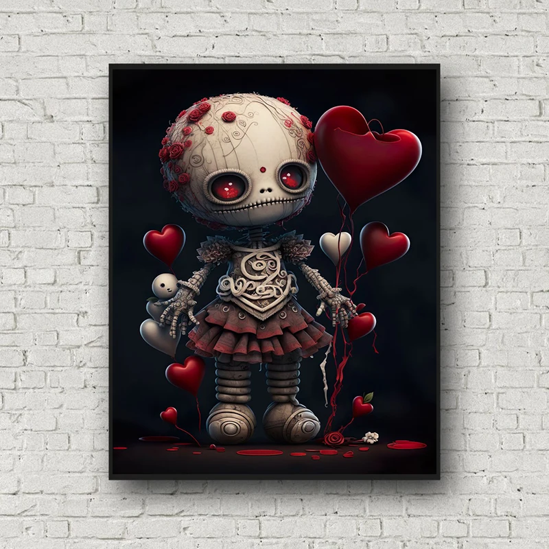 Voodoo Doll Valentine\'s Day Red Heart Balloon Posters and Prints Canvas Printing Wall Art Picture for Living Room Home Decor