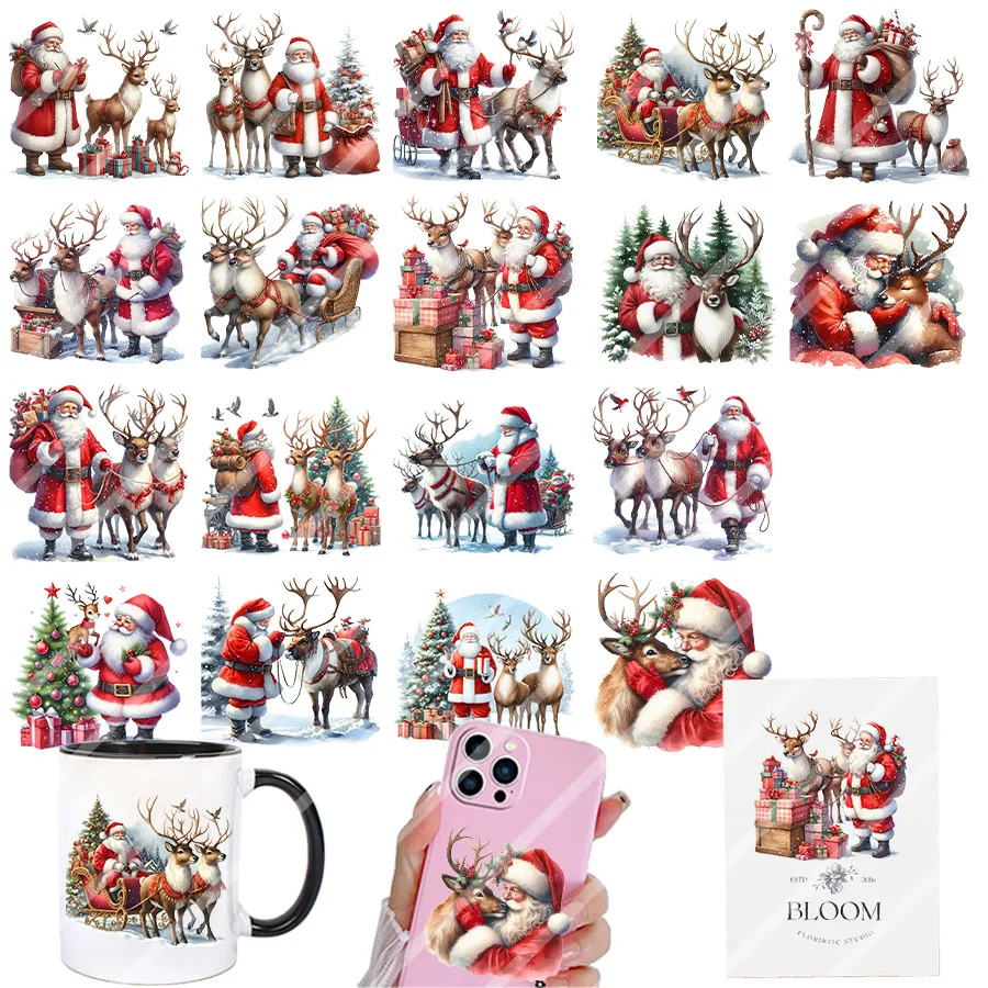 3pcs Christmas Santa Claus Reindeer DIY UV DTF Rub On Transfer Stickers Tumbler Glass Cup Can Wrap Card XMas Tree Ornament Decor