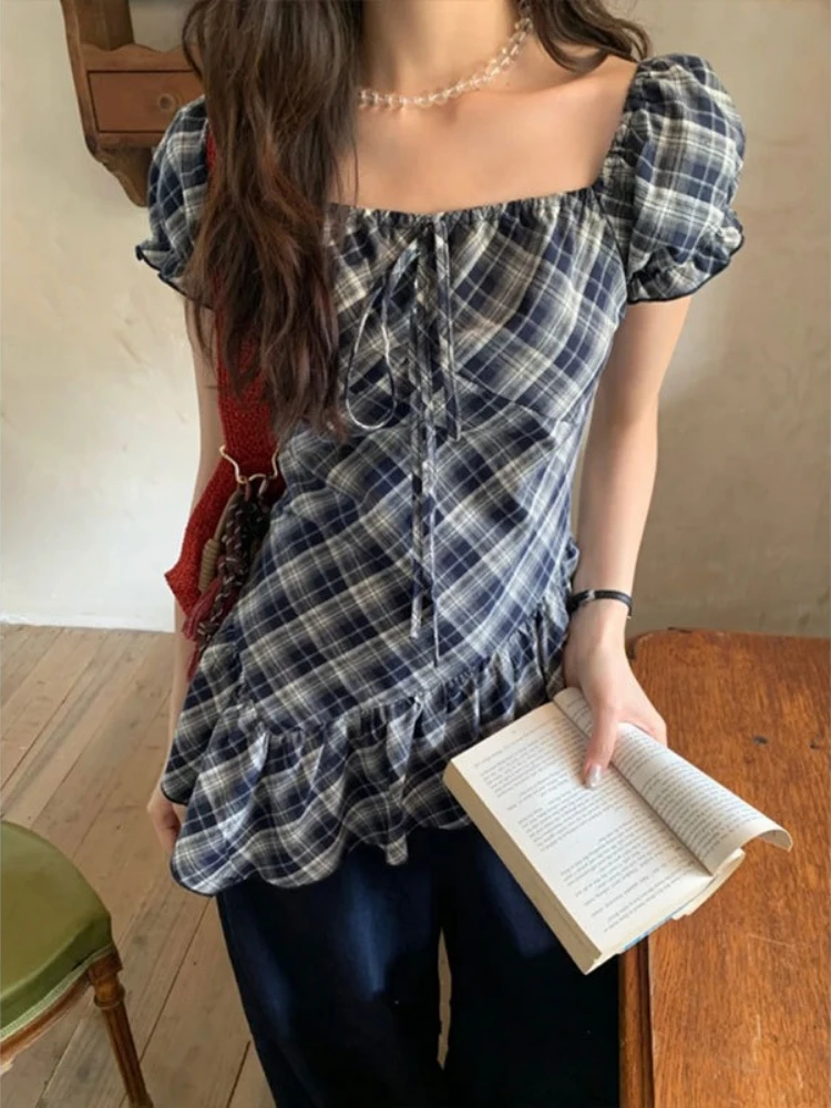 Women Clothing Plaid Slim Fit Y2k Blouses New Drawstring Slash Neck Vintage Shirts Fashion Summer Irregular Ruffled Blouse