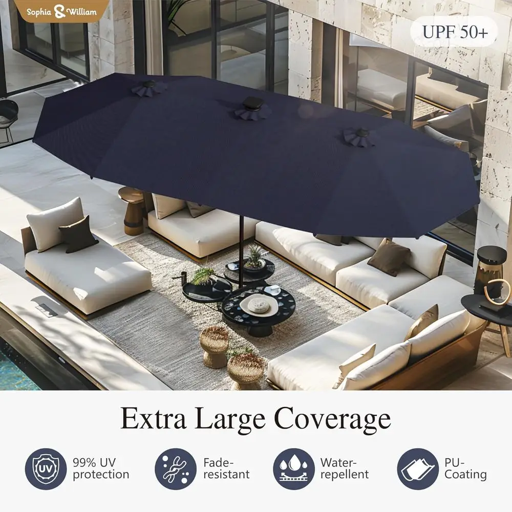 Navy Blue Large Double-Sided LED Patio Umbrella, Perfect for Garden, Deck, and Pool