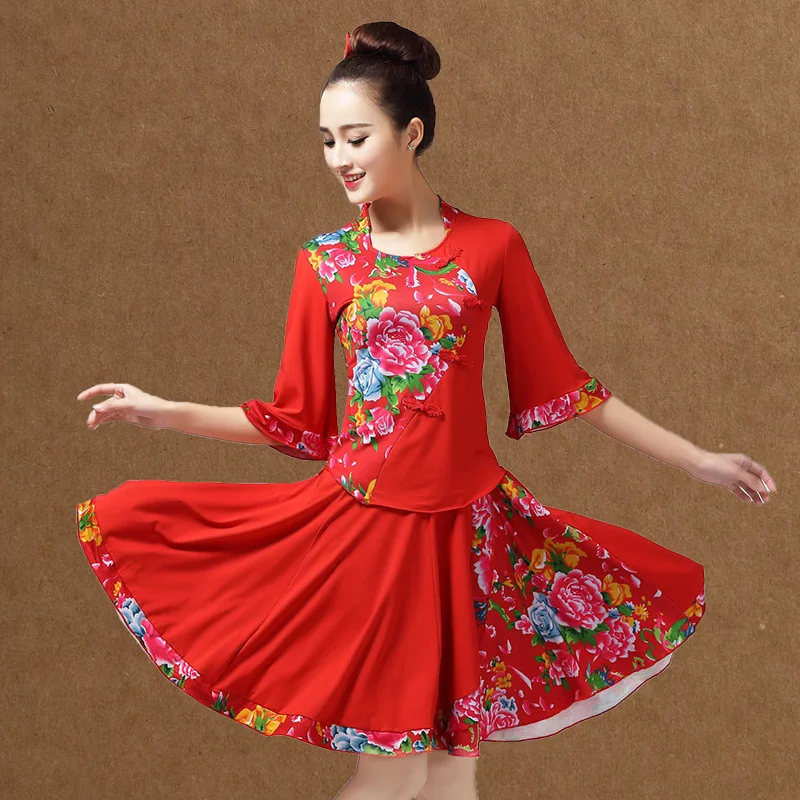 Square dance costume set, new milk silk dance training suit, middle-aged and elderly printed classical dance performance costume