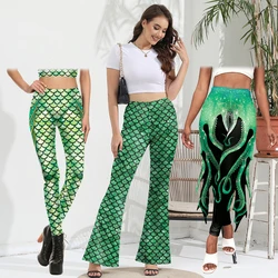 Zawaland Fashion Mermaid Bell Bottoms Pants 2024 Fish Scale Print Flared Trousers High Waist Sport Yoga Women's Leggings