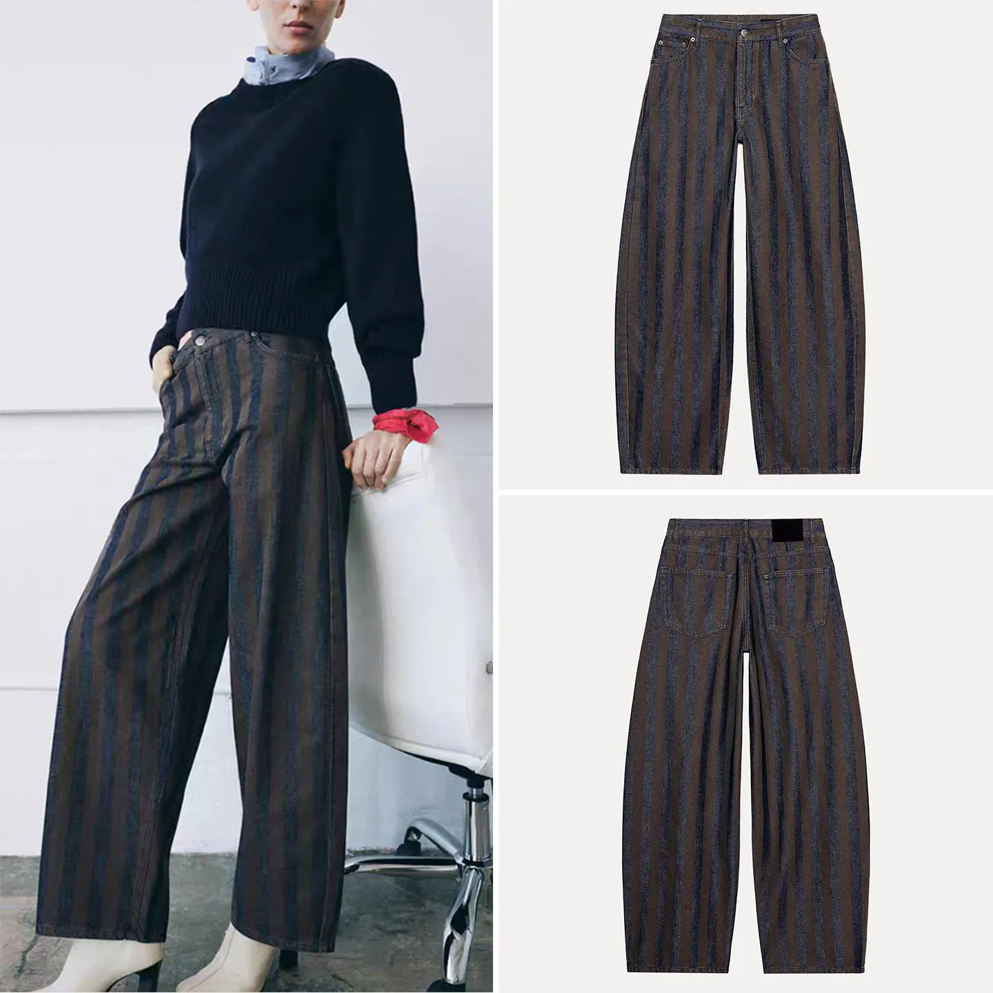 

Spring 2026 Women's Fashionable Versatile Barrel Shaped Jeans Loose Fit Natural Waist Button Closure Striped Pattern