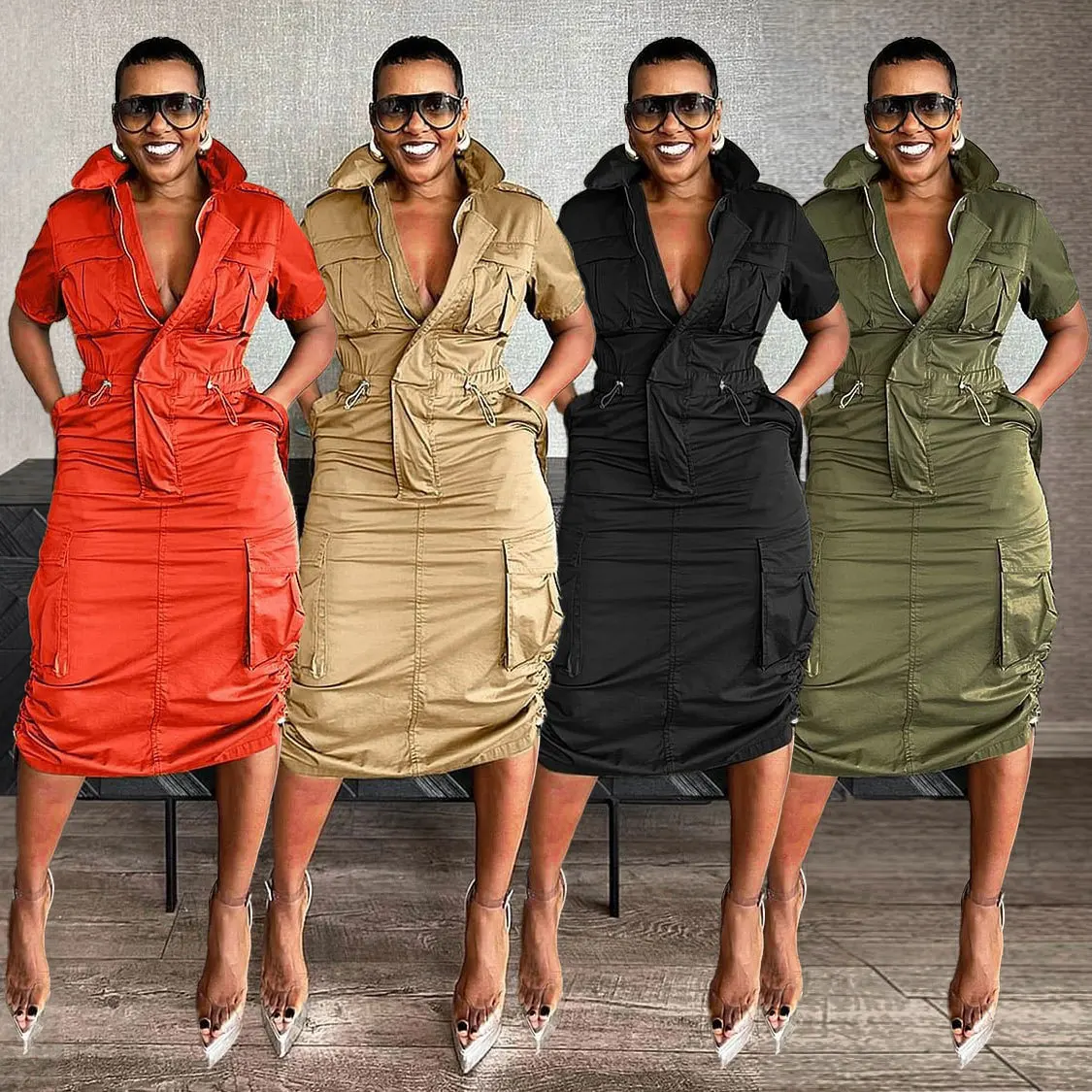 

Cargo Dress Women Dresses V Neck Knee Length Vestidos Short Sleeve Spliced High Waist Draw String Slim High Street 2025 Pockets