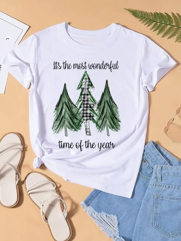 Women Tee Top Fashion Lady New Year Shirt Print Watercolor Tree Lovely Christmas Holiday Clothing Clothes Graphic T-shirts