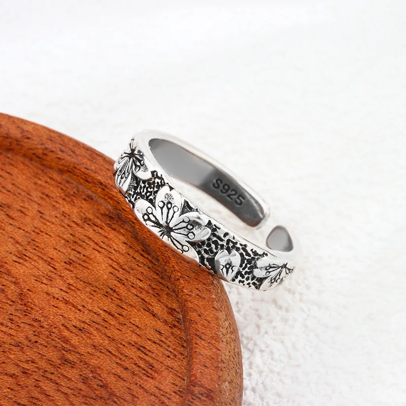 

PANJBJ 925 Sterling Silve Plum Blossom Ring for Women Gift Vintage texture Manual Trend Adjustable Jewelry Dropshipping