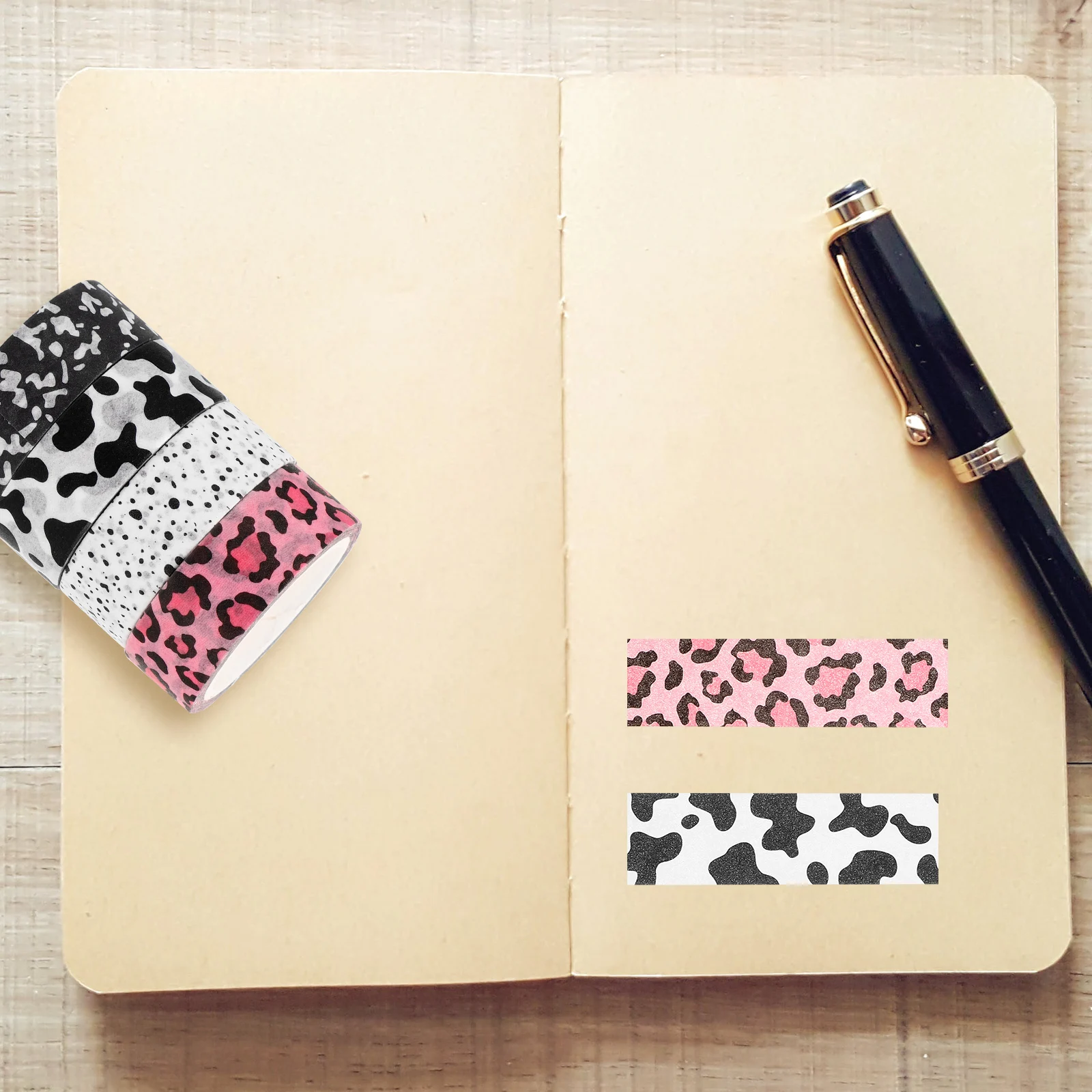 

4pcs Cartoon Hand Tape Washi Scrapbook Decorative Adhesive Tapes Pink Leopard Print Kawaii Craft Stationery