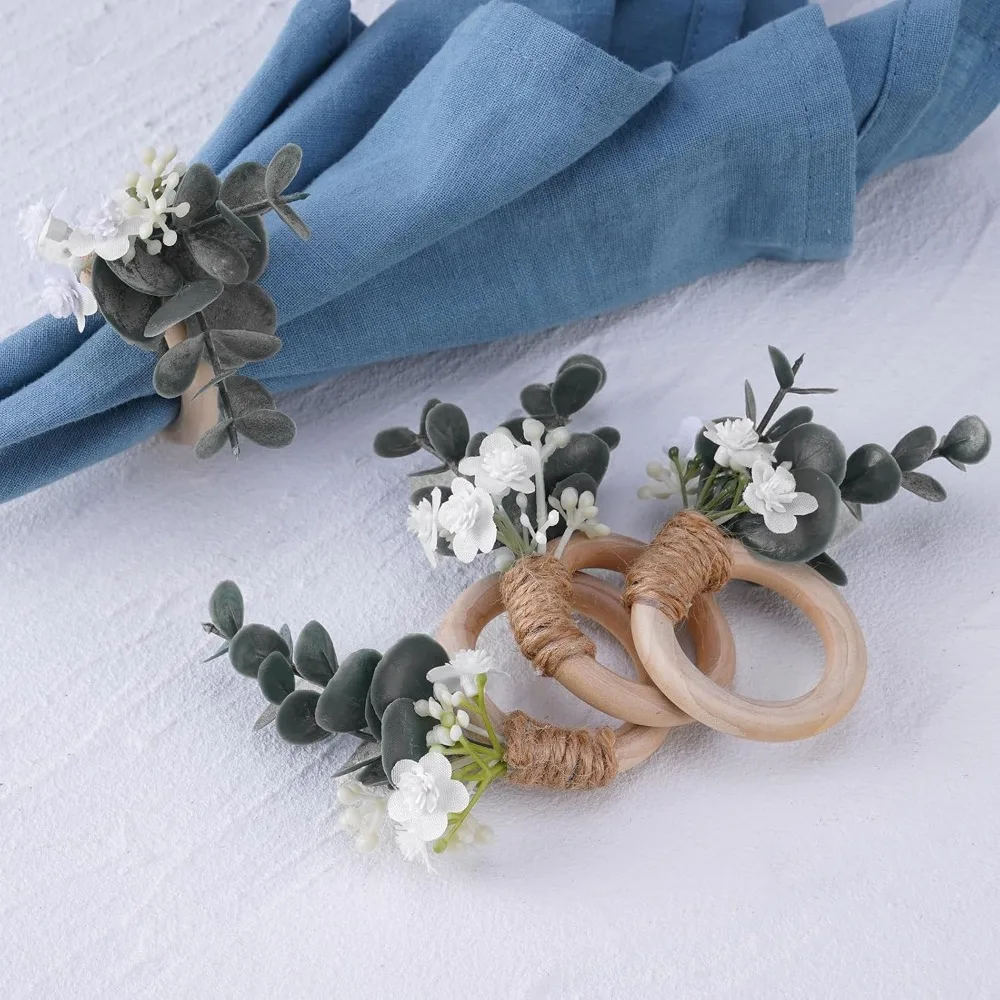 Greenery Leaf Napkin Rings Set of 6 - Boho Eucalyptus Napkins Rings for Wedding Table Decor, Rustic Flower Napkin Ring for Farmh