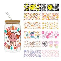 1PCS Happy Smiling Face with Flower Mushroom 16OZ Libbey Glass Can UV Transfers Pegatinas Waterproof Logo Cup Wrap Stickers