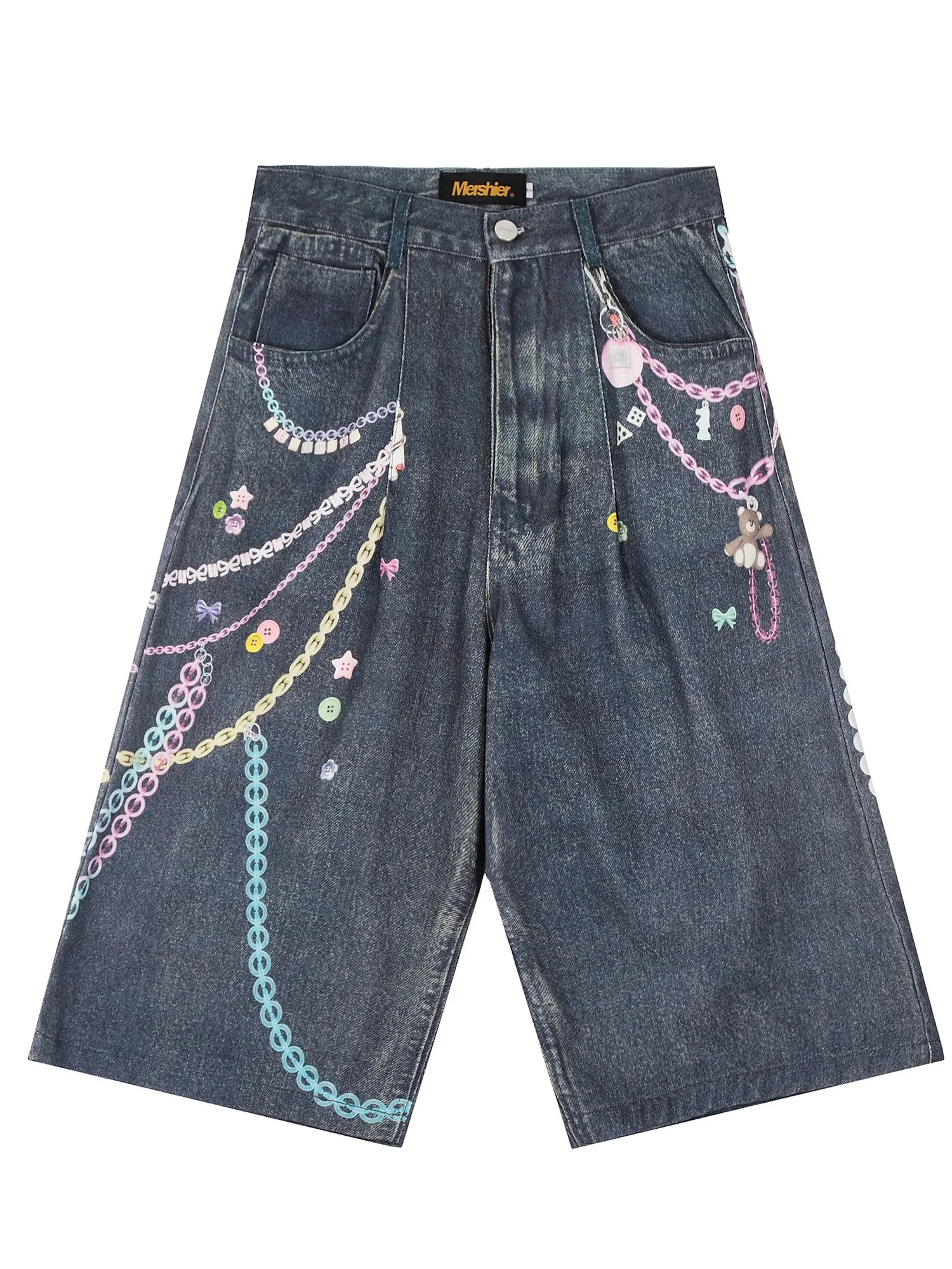 

Летние свободные прямые синие джинсы orts ex с 3D-цепочкой и широкими штанинами длиной семь четвертей, повседневная молодежная мода