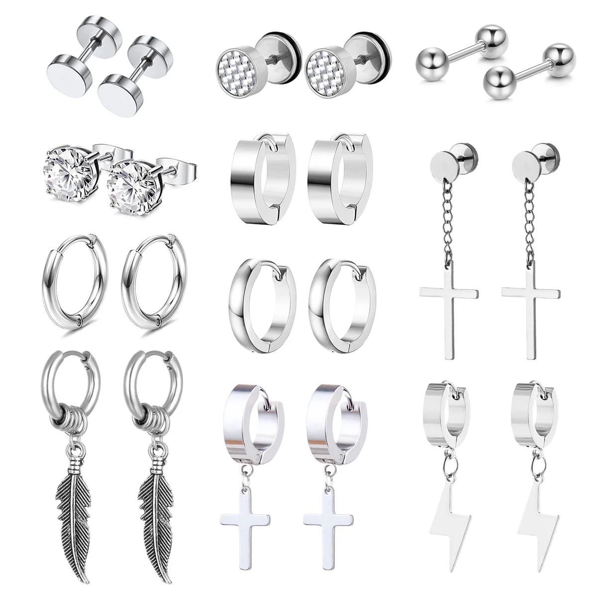 2/22pcs Punk Stainless Steel Minimalist Round Ball CZ Stud Earrings & Cross Feather Pendant Circle Hoop Earrings for Men Women