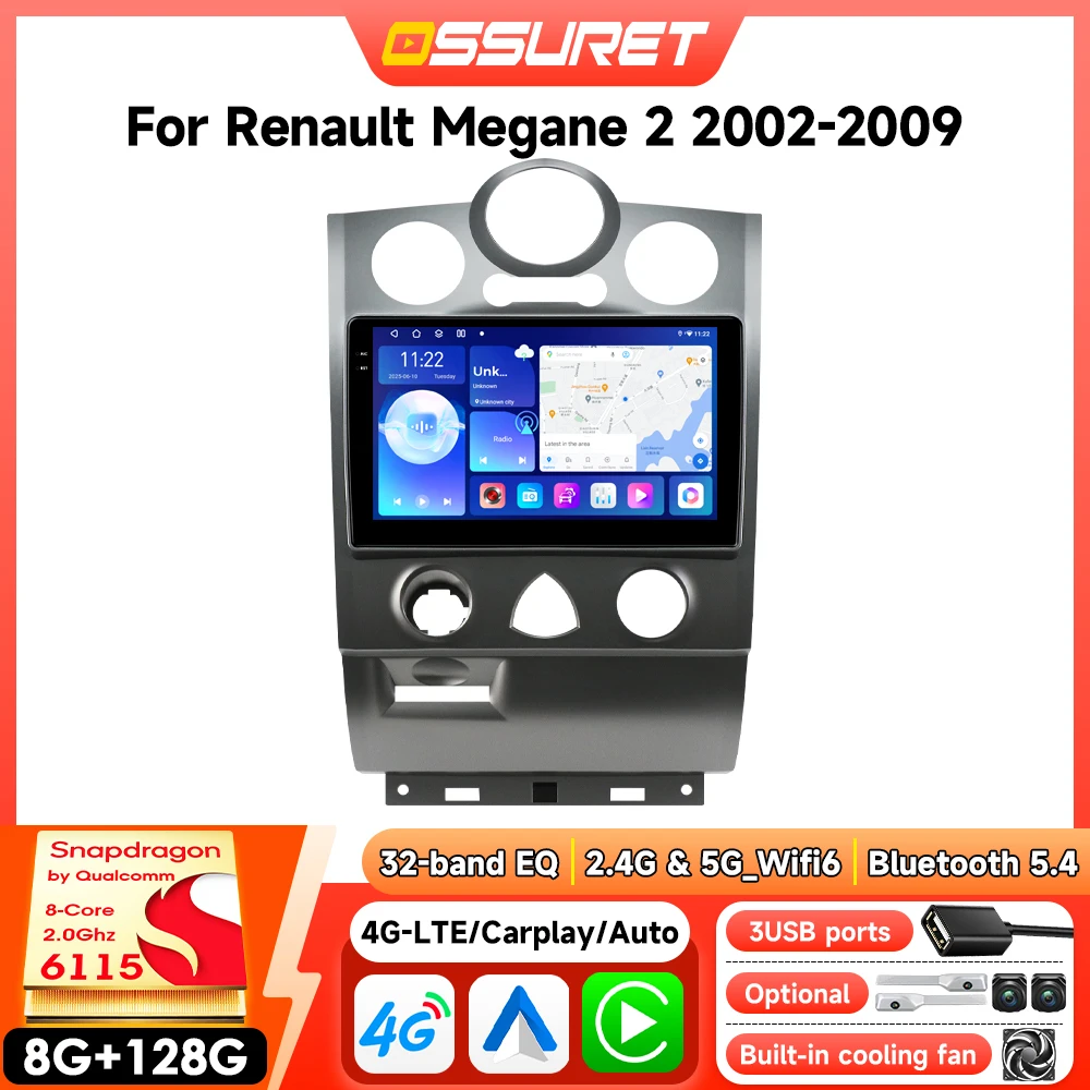 2Din Android Autoradio für Renault Megane 2 2002-2009, kabelloses Carplay, 8-Kern-Autoradio, GPS, 360-Grad-Kamera, Auto-Multimedia, WIFI, DSP