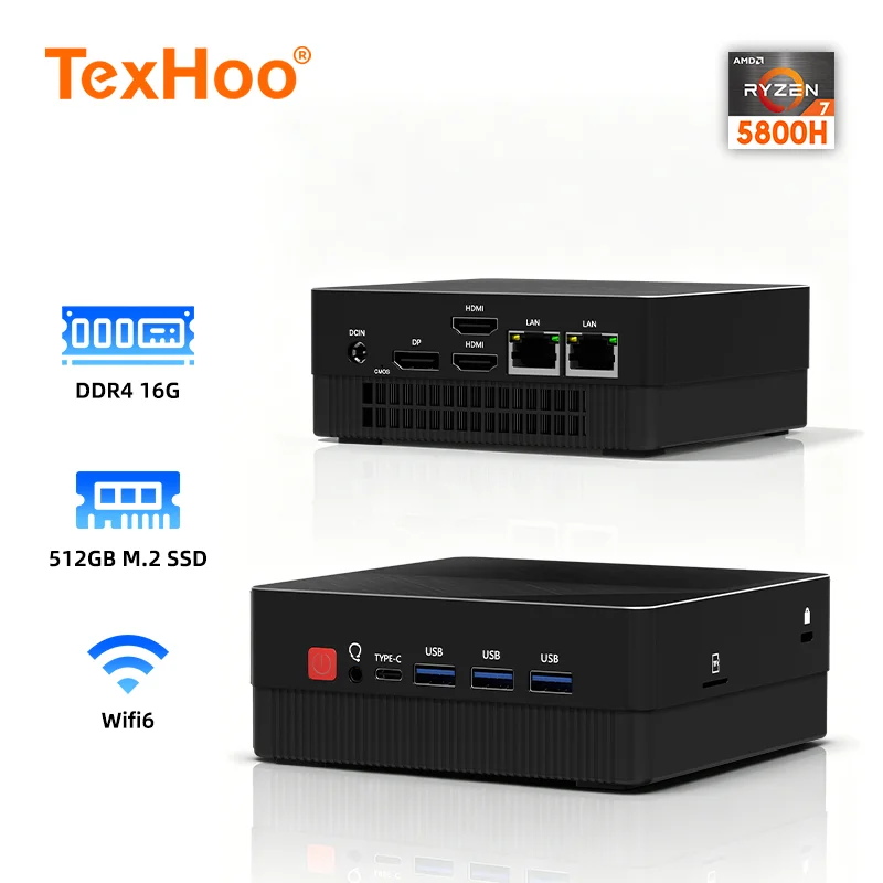 TexHoo Mini PC AMD R7 5800H 7730U  up to 16G DDR4 512G NVMe Dual HDMI DP Wifi6 WDesktop Gaming Computer Dual network ports