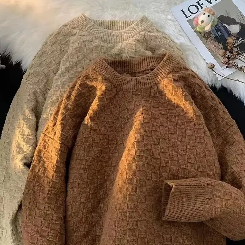 

Мужской модный свитер большого размера в американском ретро-стиле, вязаный, с клетчатым узором, осенне-зимний, в стиле кэжуал, верхняя одежда