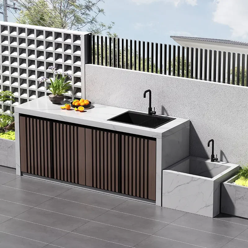 Outdoor Aluminum Alloy Slate Garden Cabinet Poolside Locker for Balcony Courtyard Villa Console with Sink Weatherproof