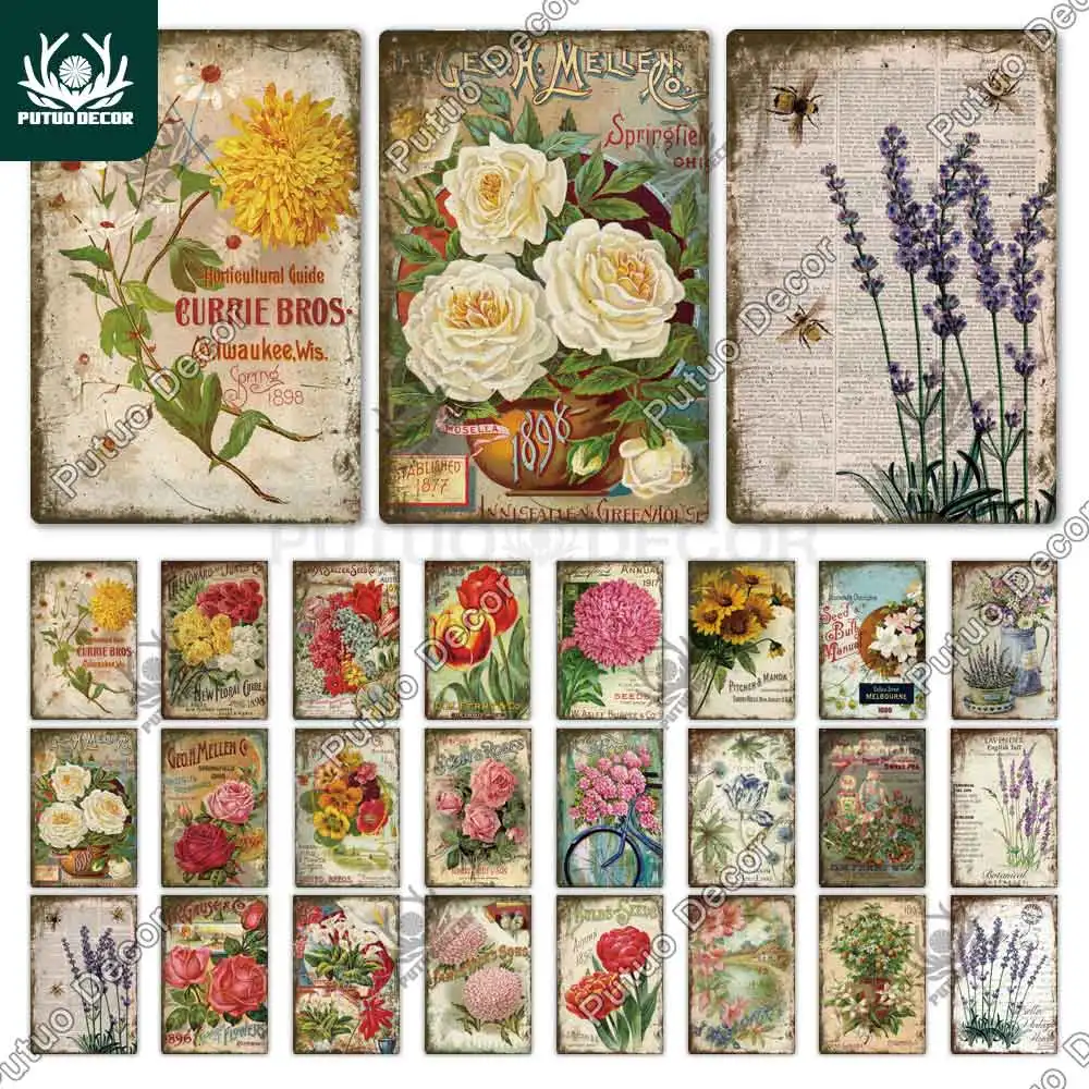 Putuo Decor Flower Vintage Metal Sign Tin Sign Decorative Plaque Garden Living Room Kitchen Club Decor Wall Decoration