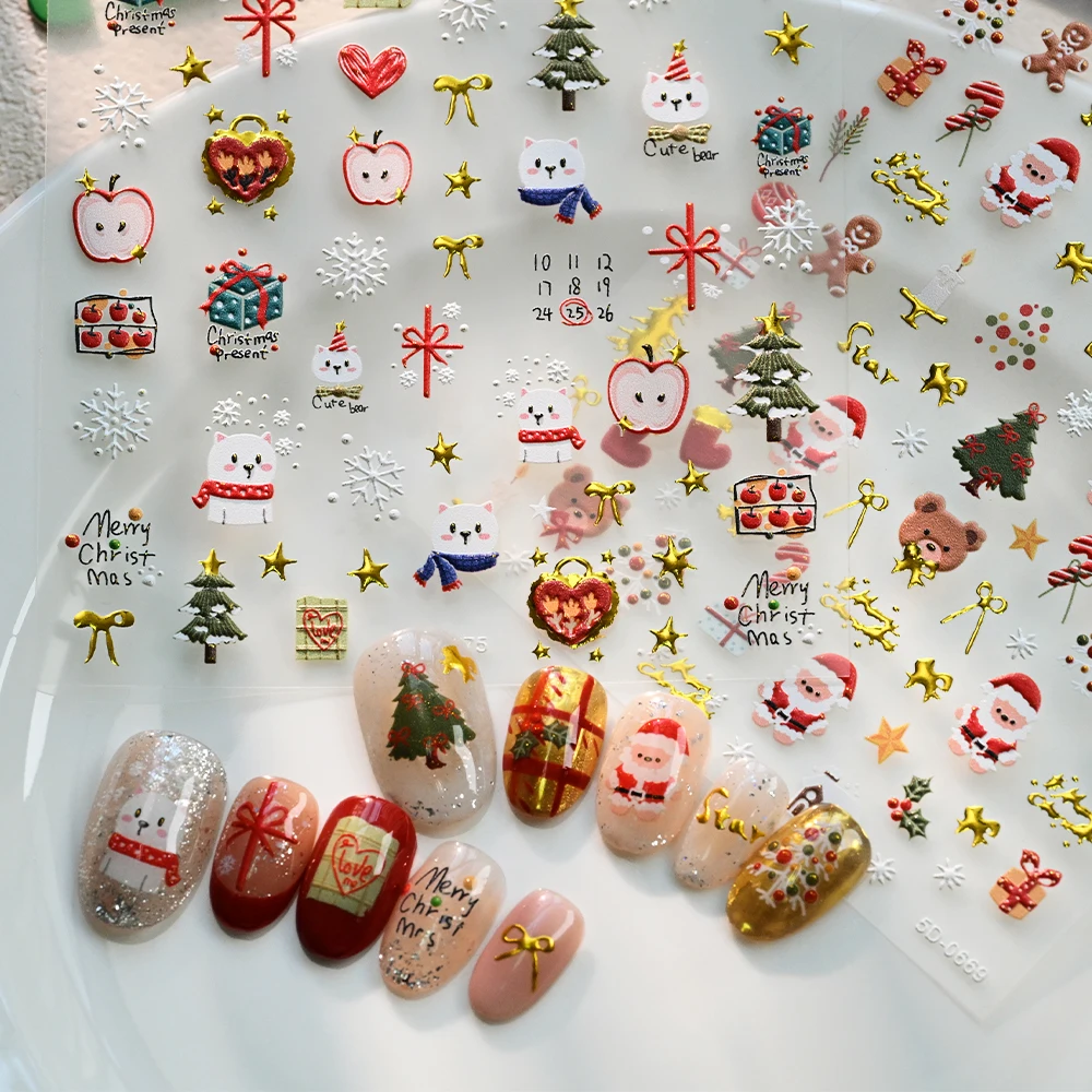1Pc 5D Embossed Bronzing Christmas Nail Stickers Santa Xmas Tree Snowflake Holly Self Adhesive Nails Decal Winter Manicure Decor