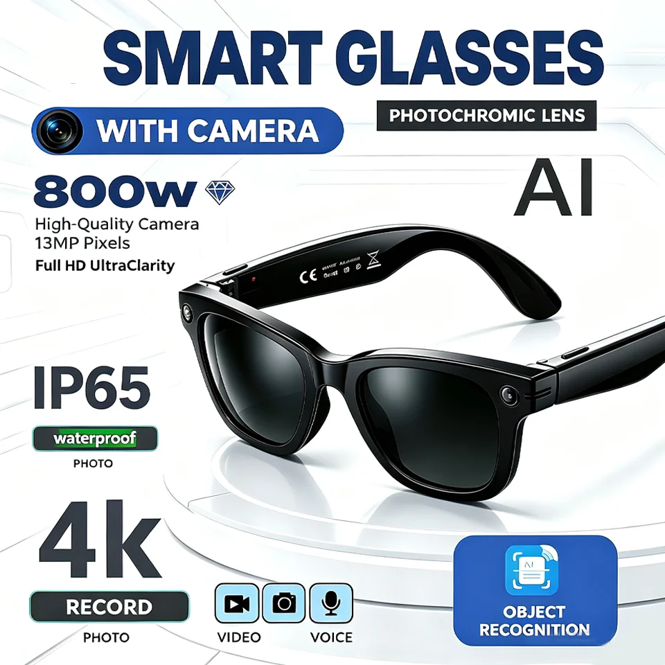 New AI Smart Glasses with Video Camera 800W Outdoor Sunglasses Wi-Fi Transfer BT Calling Audio Record Smart Wearable Headset