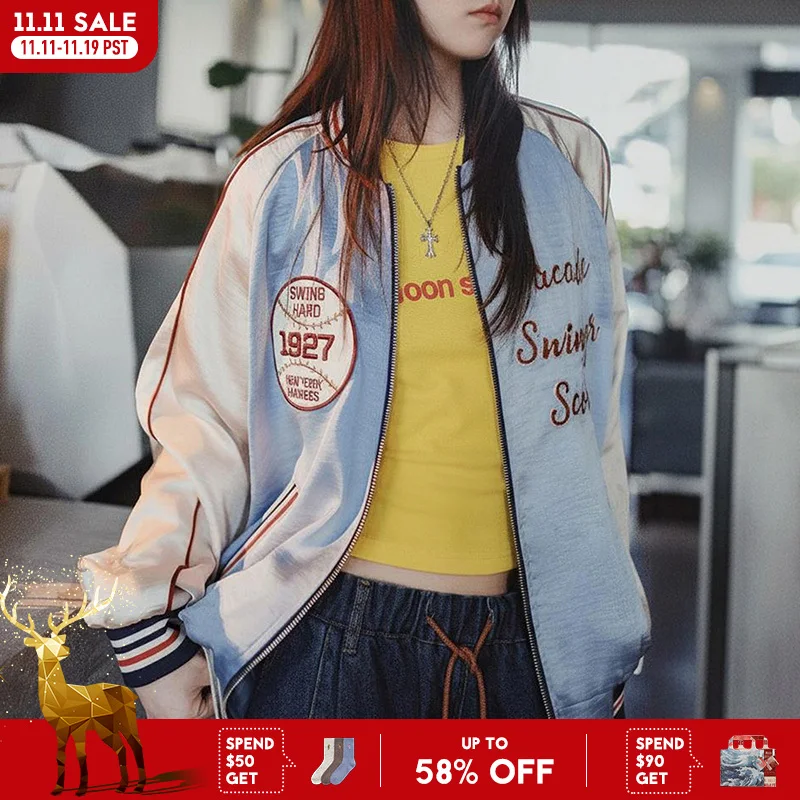 

Женская бейсбольная куртка Maden Женское пальто с вышивкой из атласа Короткая ретро-верхняя одежда Светло-голубое корейское модное пальто