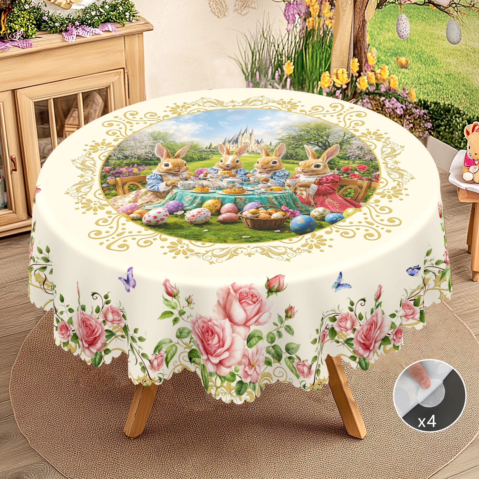 1 Piece Easter Round Tablecloth, Available in Various Sizes, Spring-Themed Cute Bunny Tea Party Gold-Printed Round Tablecloth, Embossed Edge Design, Wedding Decoration, Easter Spring Garden Tablecloth Decoration, Suitable for Everyday Home Kitchen, Patio Use, Easter Decoration