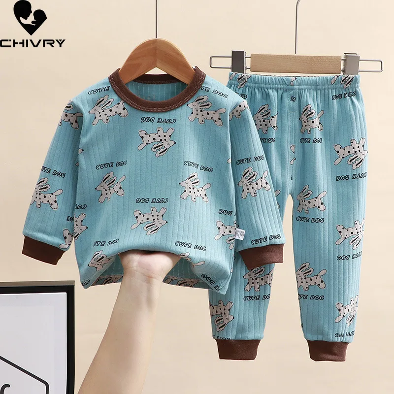 Conjuntos de pijamas de otoño para niños y niñas, ropa de dormir con estampado de dibujos animados, camiseta de manga larga con cuello redondo y pantalones para recién nacidos, 2023