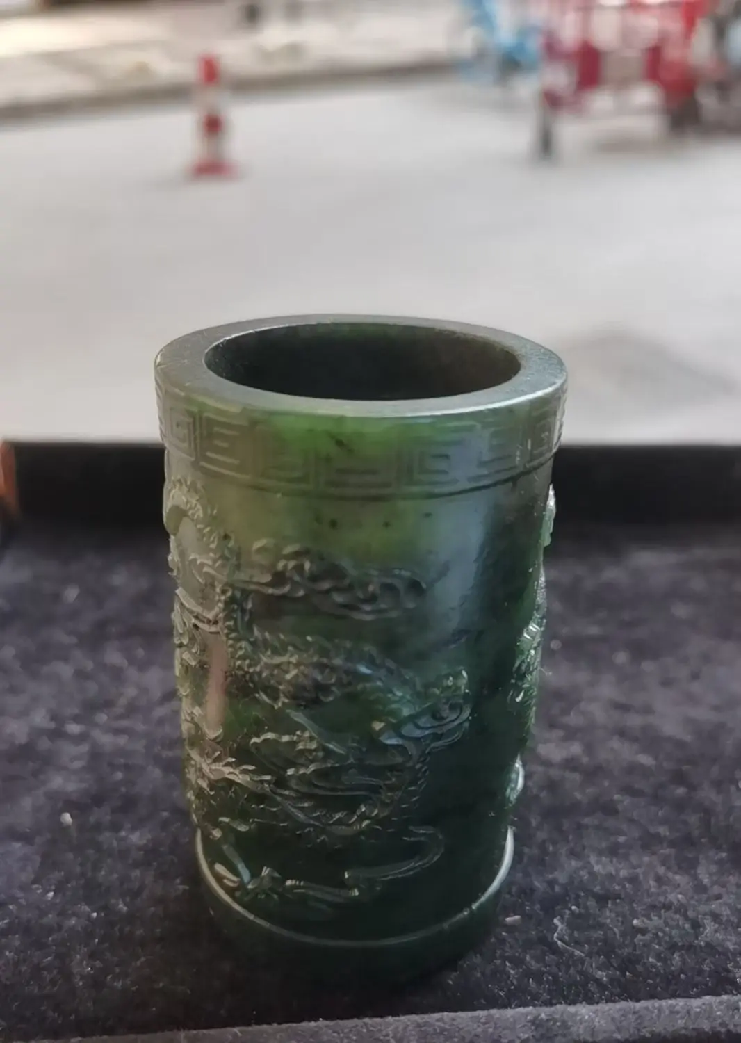 

1 PCS Treasure Chinese Vintage Hetian Old Jade Green Jade Pen Holder Pot Case For Display Totem Carving Amulet Timestown