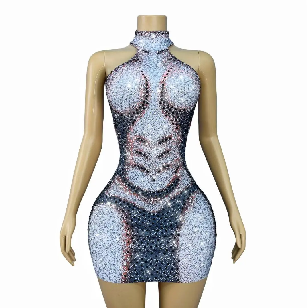 Larou Luxury Women Sleeveless Dress Silver Full Diamond Hanging Neck Skirt Sexy Bar off the Shoulder Performance Dress Prom Gown