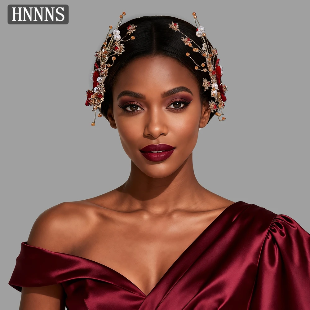 

HNNNS Chinese Classical Bride Hair Accessories Red Flower Pearl Hairpins Crystal Bridal Jewelry Hair Clips Wedding Headwear A395