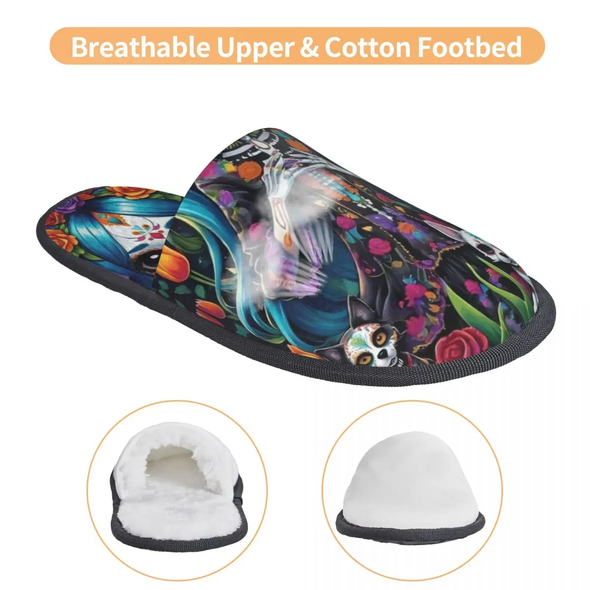 Custom Day Of The Dead Sugar Skull Animals Soft Memory Foam House Slippers Women Comfy Warm Anti-skid Sole Slipper