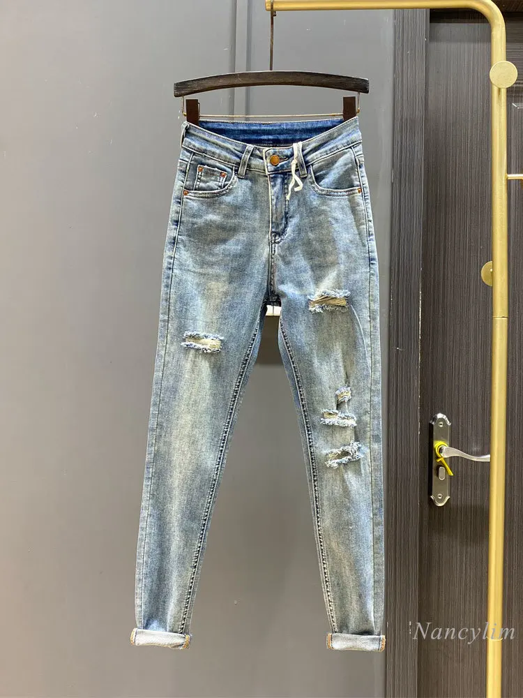 2024 Spring and Summer Skinny Blue Jeans for Women New Retro Make Old Ripped Elastic Slimming High Waist Pencil Jeans Pants