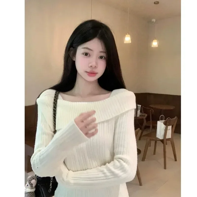 

Fashion Off Shoulder Slash Neck Knitwear Shoulder Top Women's Thin Bottomed Shirt Slim Long Sleeve Hotsweet Sweater