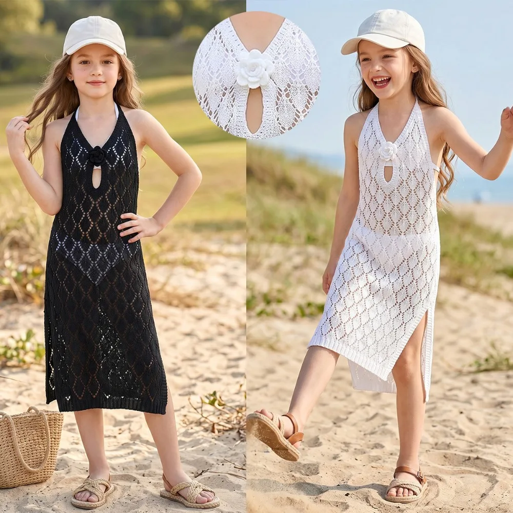 2026 Summer Girls Beach Vacation Midi Dress, Cutout Tie Strap Bikini Wrap Cover Up For Kids for 6-12Y