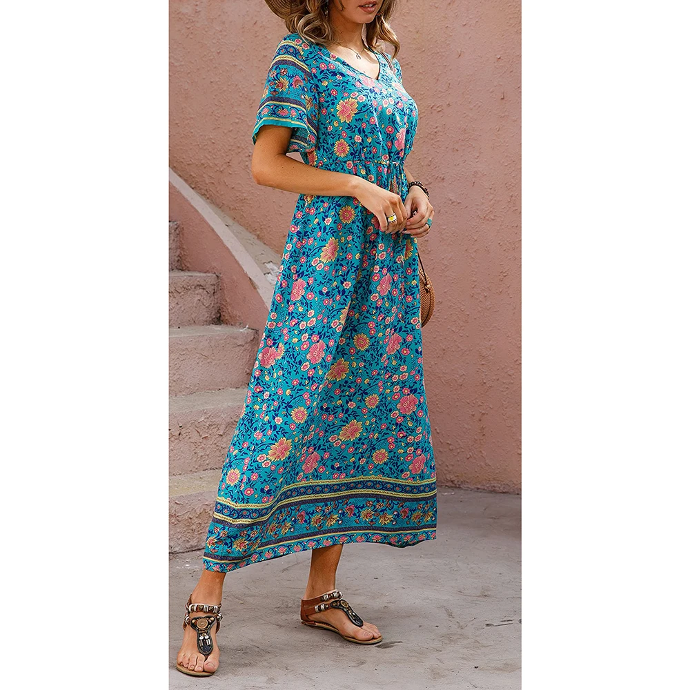 Boho z dekoltem w szpic sukienki w kwiaty kobiet na co dzień z krótkim rękawem Midi sukienka plażowa Boho elegancka moda długie spódnice damskie